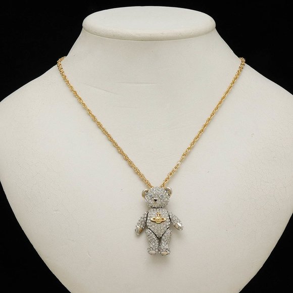 Vivienne Westwood Teddy Bear Motif Necklace Pendant Rhinestone Silver Gold Color - Picture 6 of 6